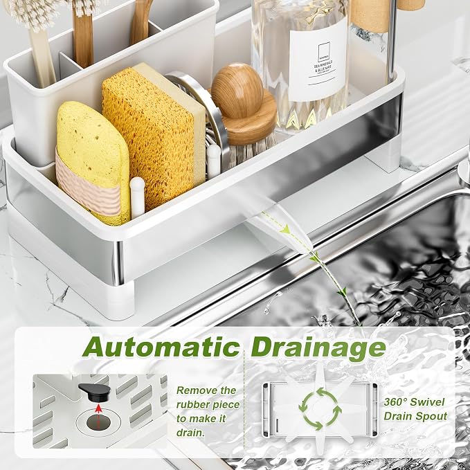 Ewaiira Stainless Steel Sink Caddy, Sponge Holder for Kitchen Sink 9.8″ | with Brush Holder & Dishcloth Rack, Rustproof Organizer Countertop, Soap Kitchen Organizers Storage Essentials, White
