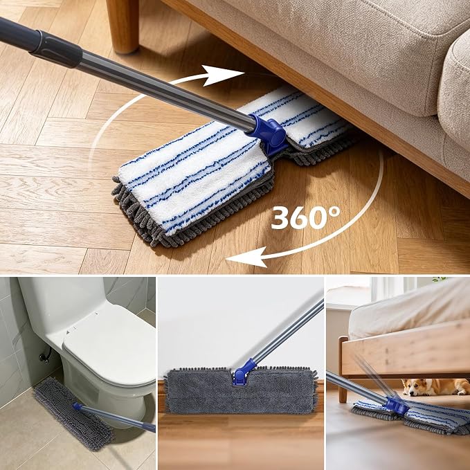 Dust Mop for Hardwood Floors,Double-Sided Flat Mops with 4 Mop Pads | Microfiber Mops for Floor Cleaning with Stainless Steel Handle for Hardwood, Vinyl, Laminate, Tile