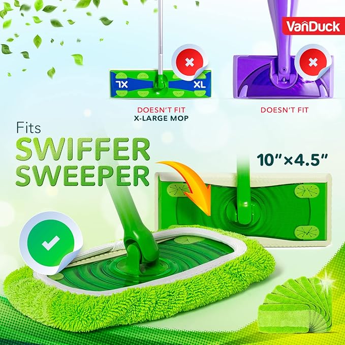 VanDuck Reusable Microfiber Mop Pads for Swiffer Sweeper (2-Pack), Green | Handle not included, machine washable wet & dry mopping cloths, mop head replacement floor cleaning