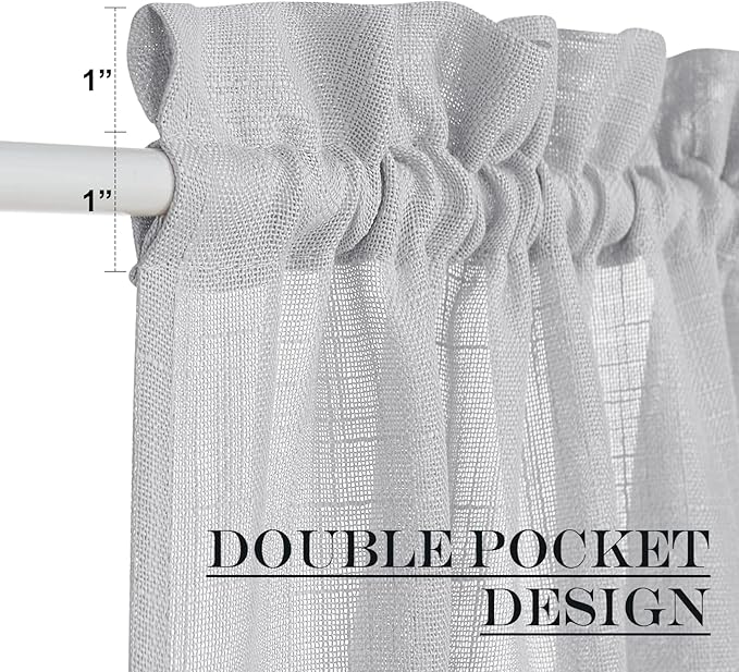 NICETOWN Light Grey Sheer French Door Curtain for Kitchen Half Window | Light Filtering, Rod Pocket, Linen French Door Semi Sheer Curtain(30 x 40 inches Length, Single Panel with Tieback Included)