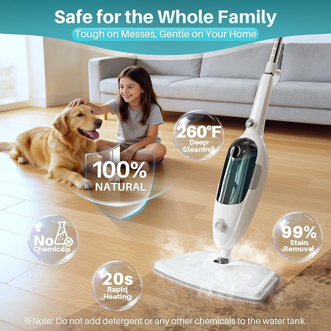 JOYMOOP Steam Mop & Handheld Steam Cleaner, 1100W Electric Steam Cleaner for Home, Fast Heat 20s, Adjustable Steam, Detachable Water Tank, 11 Accessories for Floors, Windows, Clothes