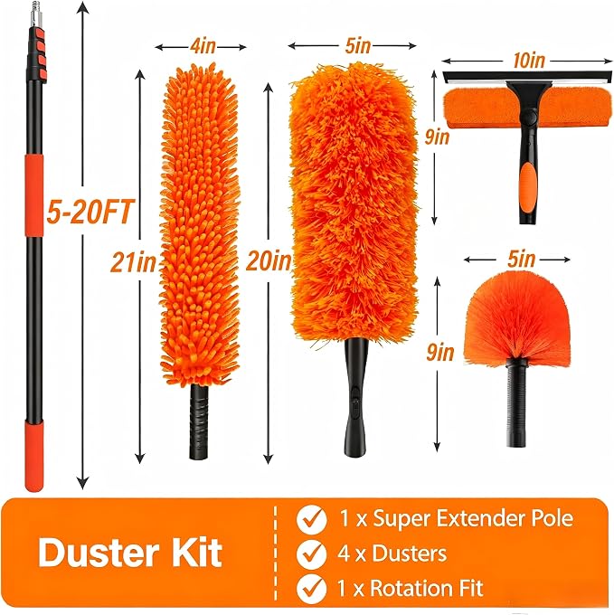 26FT High Reach Duster Cleaning Kit with 5-20 FT Extension Pole | High Ceiling Dust and Window Clean Kit with Microfiber Feather Duster,Cobweb Duster,Ceiling Fan Duster,Window Squeegee Clean