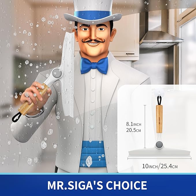 MR.SIGA Silicone Squeegee for Shower Door, Mirror, Glass, 10 inch, White | Streak free shower squeegee for windows, showers and glass surfaces, pivoting bamboo handle, includes 1 suction hook
