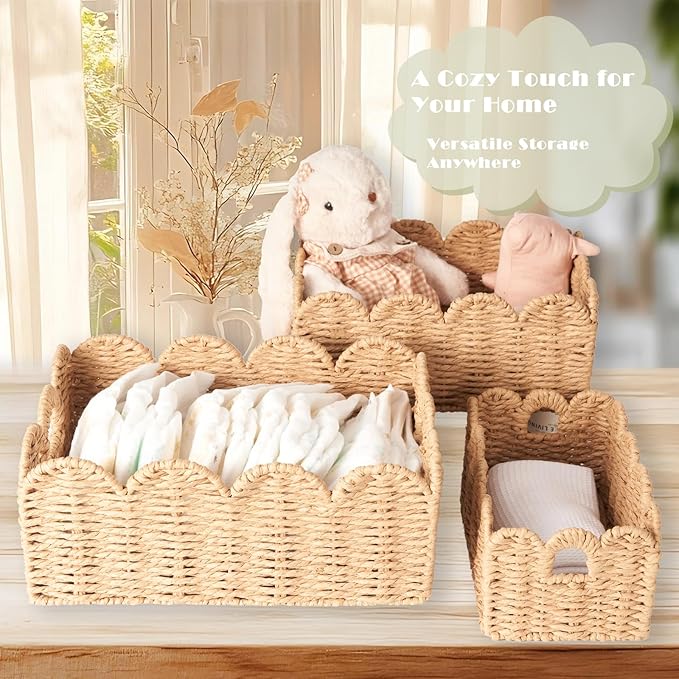 Scalloped Wicker Baskets Set of 3, Hand-Woven Storage with Handles | set of 3 tan scalloped baskets with handles. Hand-woven paper rope for shelves, bathroom or closet. Stackable, sturdy.