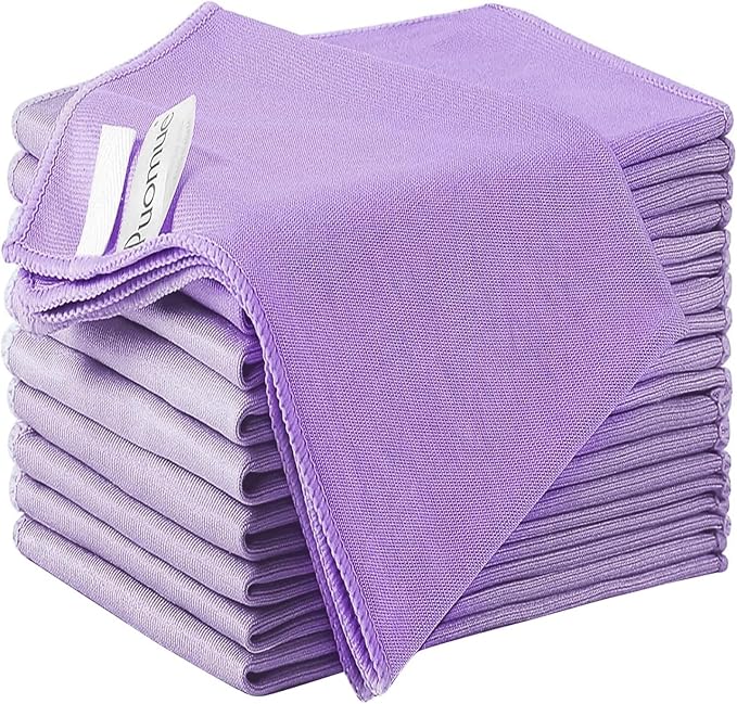 Puomue 12 Pack Microfiber Glass Cleaning Cloth, 10.8 Inch x 13.8 Inch, Lint Free Quickly Clean Windows, Mirrors, Glasses, Phone Screens, Camera Lenses, Purple