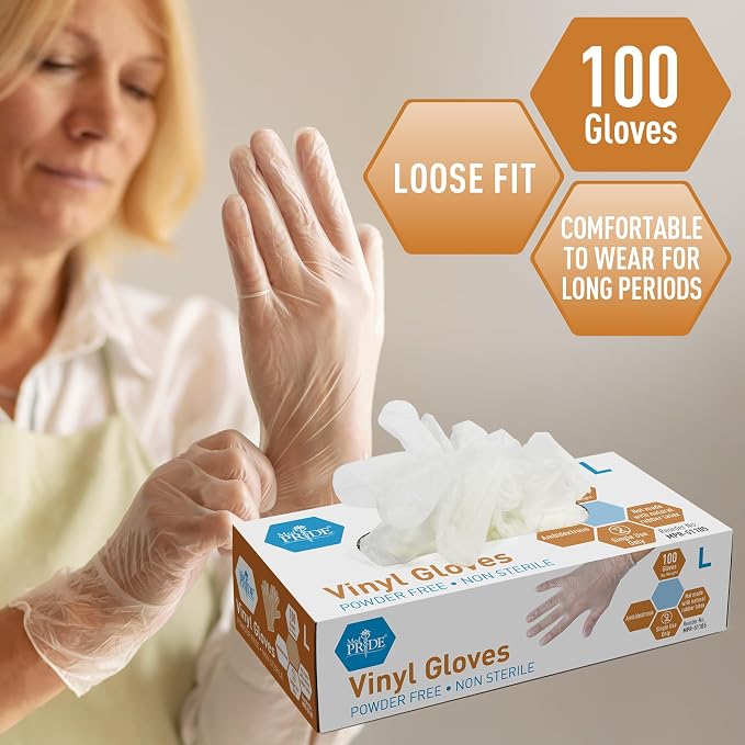 Med PRIDE Vinyl Gloves| 4.3 mil Thick, Powder-Free, Non-Sterile, Heavy Duty Disposable Gloves| Medical, Food Hand