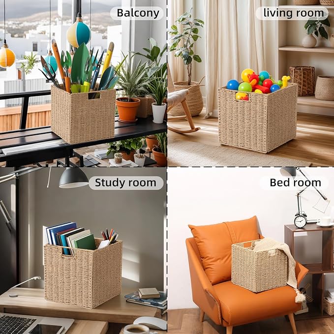12x12x12in Wicker Storage Baskets for Shelves, Set of 2 Hand-Woven Paper Rope Wicker Basket,Foldable Cube Storage Bins, Natural Color Storage Cubes, Square Baskets for Organizing Decor