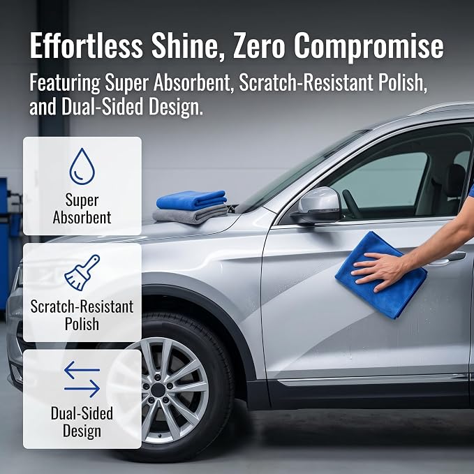 10 Pack Premium Microfiber Towels for Cars - Coral Velvet Ultra-Soft Super Absorbent Drying Towels, Lint-Free Streak-Free Car Detailing Cloth, 11.8"x15.7" Blue/Grey