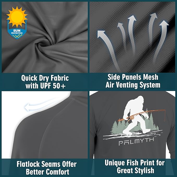 Palmyth Men's Fishing Hoodie UPF 50+ Long Sleeve with Face Mask Neck Gaiter | Zipper Pocket, Thumb Loops, Quick-Dry, Side Mesh Panels, Lens Cleaning Cloth