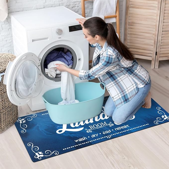 XLHOMO Laundry Room Rug Runner Non Slip, 17.7"x45" Navy Blue Laundry Mat Farmhouse Washable, Laundry Rugs for Laundry Room Floor, Mudroom, Kitchen, Washroom, Bathroom, Hallway, Entryway Carpet Decor