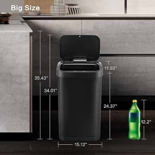 13 Gallon Trash Can, Touchless Stainless Steel Kitchen Bin (Black) | Automatic Motion Sensor Lid | 50L Fits 13 Gal Tall Kitchen Bags | Anti-Fingerprint Brushed Finish | For Home Office