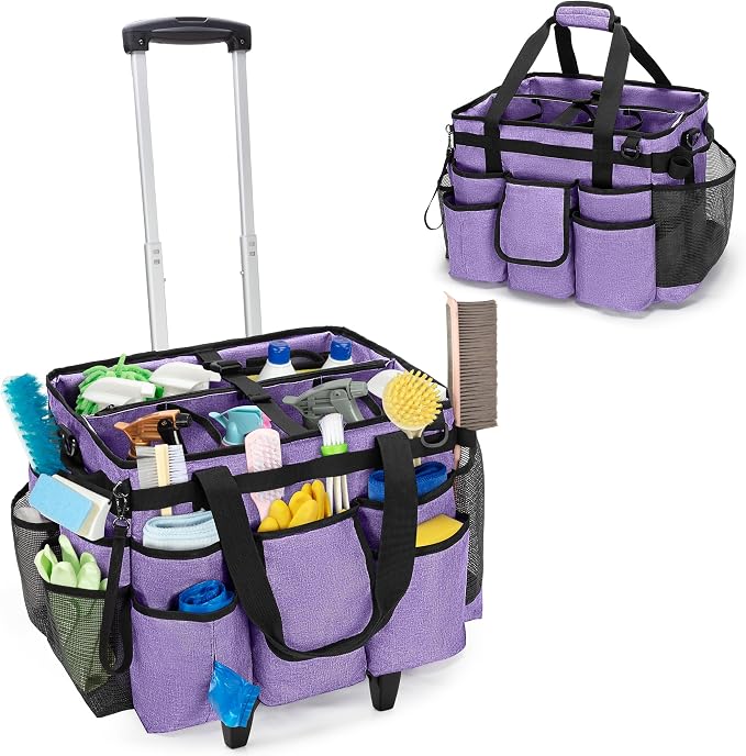 LoDrid Professional Rolling Cleaning Bag with Detachable Trolley, Purple | Portable Cleaning Cart with Shoulder Strap for Housekeepers, Patent Design