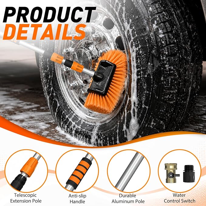 SISUPASSIE 12FT Car Wash Brush with Long Handle, 12-Inch Soft Bristle Car Cleaning Brush for Cleaning RV, Truck, Boat, Solar Panels, Orange