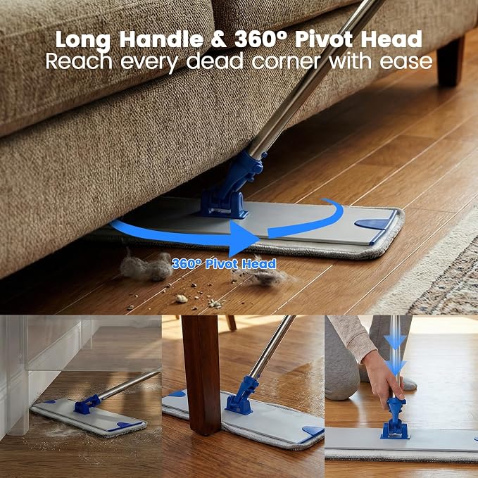 18" Professional Microfiber Mop, Flat Mop with Aluminum Alloy Base&Stainless Steel Handle for Floor Cleaning, Wet Dry Dust Floor Mops for Hardwood, Tile, Laminate
