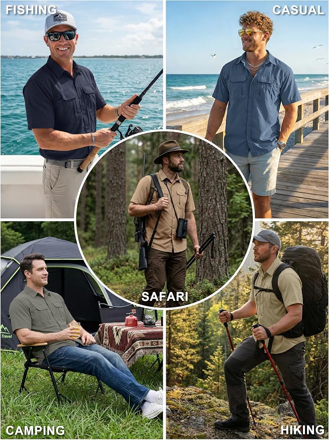 Mens Short Sleeve Fishing Shirt Sun Protection Quick Dry Lightweight | Breathable Fabric, Multi Pockets, for Fishing Safari Hiking Hunting Camping Outdoor Work Casual Wear