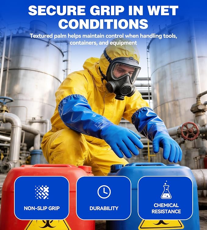 AnTools 25" Heavy-Duty PVC Chemical Gloves, Waterproof Long-Sleeve Work Gloves with Cotton Liner and Non-Slip Grip, for Lab, Pool Cleaning, Oil, and Industrial Work, Blue, Large