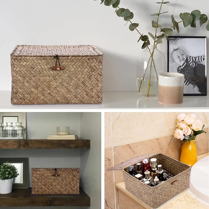 Hipiwe Small Wicker Shelf Baskets Handwoven Seagrass Storage Bin with Lid | Multipurpose Household Basket Boxes Square Basket Container for Shelves and Home Organizer, Coffee
