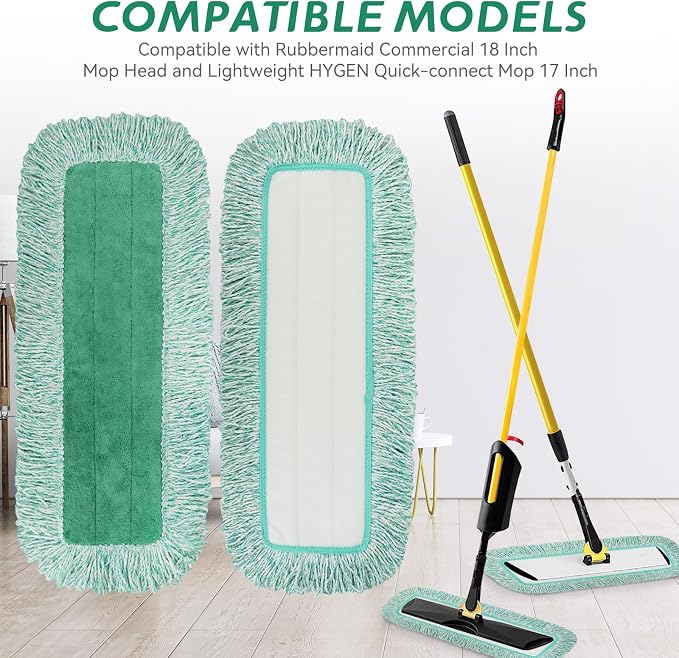 Dust Mop Pads for Rubbermaid Commercial Microfiber Dust Mop - 18 inch Mop Head Replacement with Fringe - Reusable Wet & Dry Cleaning Flat Mop System 18" 17" Refill for Multi-Surface Floor - 8 Pack