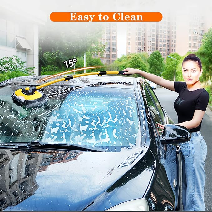 MVEQRRN 15°Curved Chenille Car Wash Brush Mop with Long Handle(Yellow) | No Scratch Car Wash Brush, Car Cleaning Brush with Extension Pole,Microfiber car wash mop,Car Wash for cars, trucks,home