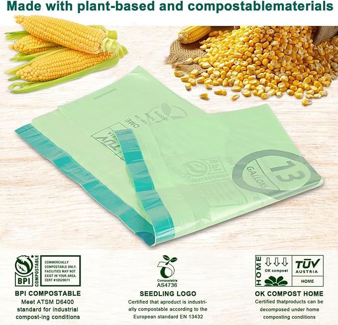 13 Gallon 200 Count Compostable Trash Bags with Home | Multi-scenario usage, Compostable,Large capacity,ASTM D6400,US BPI and Europe OK Compost Home Certified