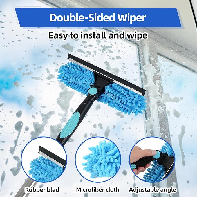 122'' Window Washing Kit with Extension Pole, 2-in-1 Window Cleaning Kit with Scrubber and Rotating Head, Window Cleaner Tool for Shower Rooms, Glass, Floors, Tiles, Walls, Car Windshields