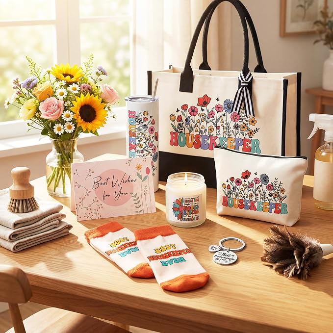 Patelai 7 Pcs Housekeeping Appreciation Gifts Housekeeping Week Thank You Housekeeper Birthday Gift Set with 20 oz Tumbler Canvas Tote Makeup for Housekeepers House Cleaner Lady Custodian Employees