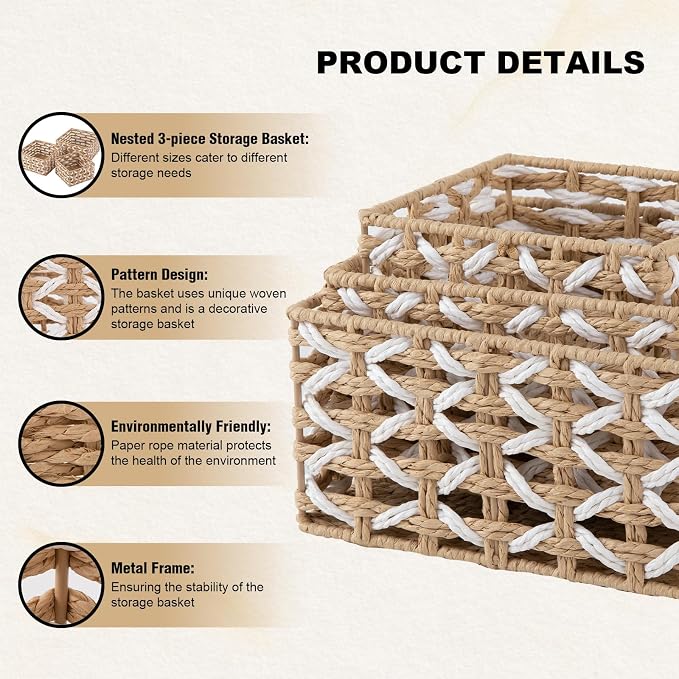OIAHOMY Storage Baskets Paper Rope Shelf Baskets, Handwoven Small Wicker Bins for Home, Set of 3-Yellow & White