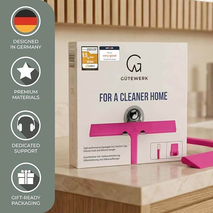 Silicone Shower Squeegee with 3-in-1 No-Drill Mount, Pink, 15'' | Squeegee for Glass Doors & Mirrors with Stainless Steel Core, Streak-Free & No-Squeak Window Cleaning, Hook/Suction/Adhesive