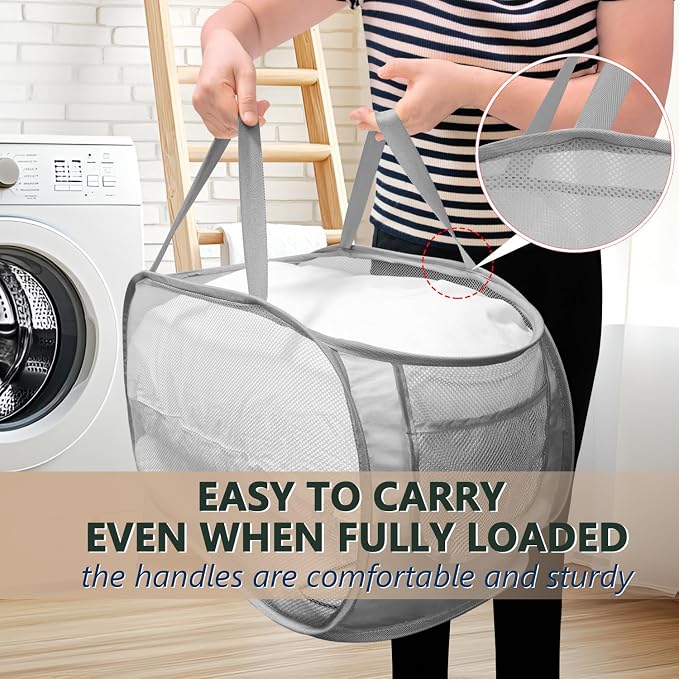 Collapsible Laundry Hamper Basket,Pop Up Mesh Foldable Bag for Laundry Room | folding horizontal laundry durable baskets with handles & side pocket travel for bathroom,Kids room,college dorm(Double Grey)