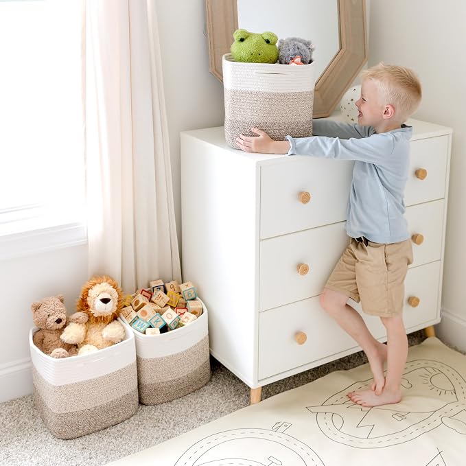 NaturalCozy Storage Cubes 11 Inch Cotton Rope Woven Baskets for Organizing, 3-Pack | Cube Storage Bin | Square Storage Baskets for Shelves Organizer, Classroom, Kids Toy Bins, Closet, Baby Nursery