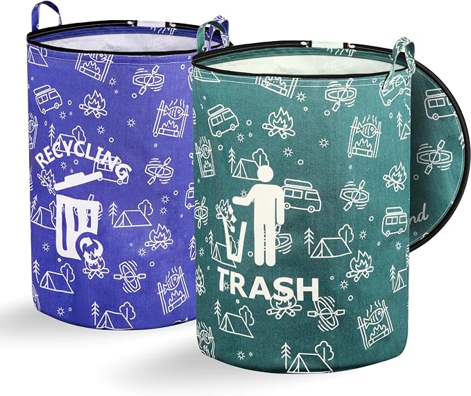 30 Gallon Collapsible Trash Can for RV Camping, Zip Lid，2Pcs | Portable, reusable. For RV, recycling, yard waste, leaf bag, toy bin, hiking, travel, weeds. Folds flat for storage.