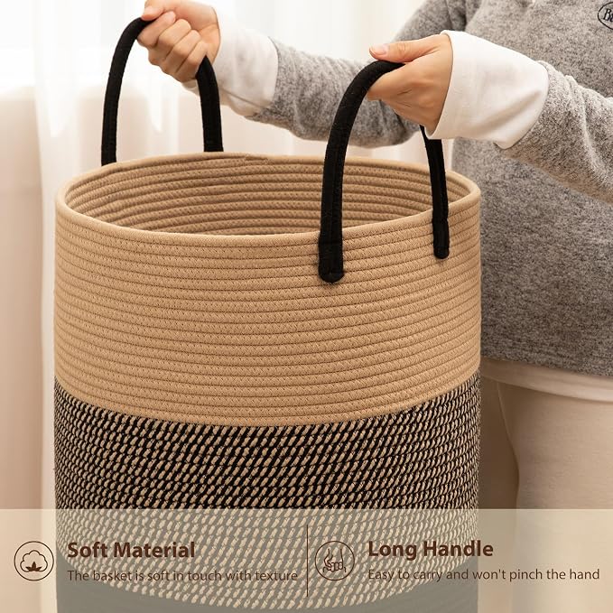 OIAHOMY 80L Nursery Hamper Laundry Basket Laundry Hamper Yellow/Black | collapsible Blanket Basket Cotton Rope Woven Basket Dirty Clothes Hamper Baby Hamper Tall Clothes Hamper with Handles