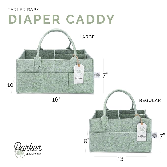 Parker Baby Co. Felt Diaper Caddy Organizer - Large, Sage | Portable nursery storage bin for diapers, wipes, bottles & baby essentials in home/car. Soft felt, foldable design 16x10x7"