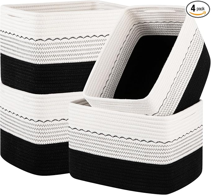 OIASKET 4 Pack Storage Baskets for Organizing, 13"X9"X7.87", Decorative Cotton Rope Baskets for Shelves, Small Woven Basket for Toys, Books and Towels, Black & White