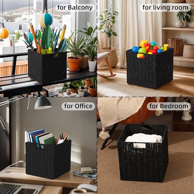 Set of 2 Hand-Woven Paper Rope Wicker Baskets,12x12x12in Storage Basket, Foldable Cube Storage Bins, Black Storage Cubes, Square Baskets for Organizing Shelves Decor