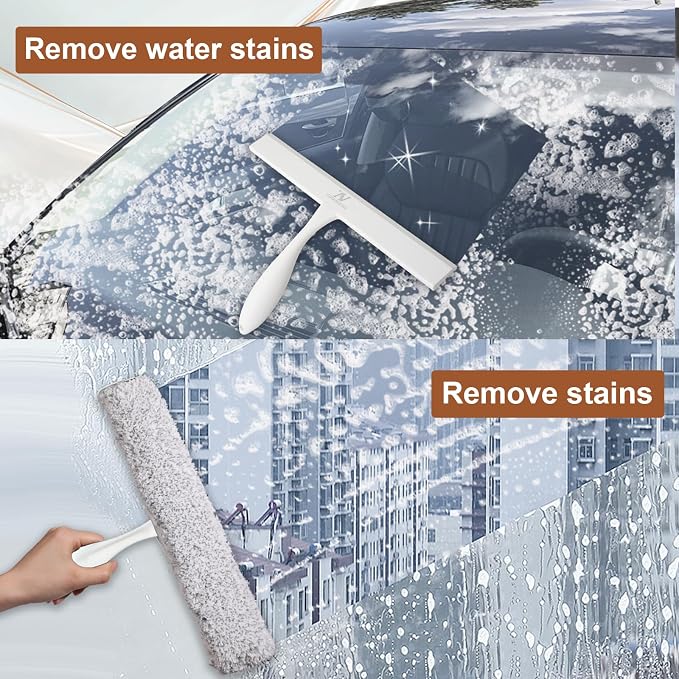 Shower Squeegee for Glass Doors & Microfiber Scrubber Kit 11Inch Window Washing Tools with Non-Slip Handle and Adhesive Hook