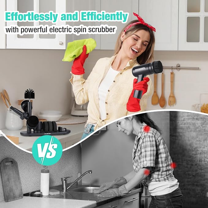 HAUSHOF Cordless Spin Scrubber with 8 Replaceable Heads & 3 Speeds | 7 Replaceable Brush Heads & 1 Knife Sharpener, Storage Design, Max 1000 RPM, for Cleaning Dishes, Kitchen, Sink, Bathroom
