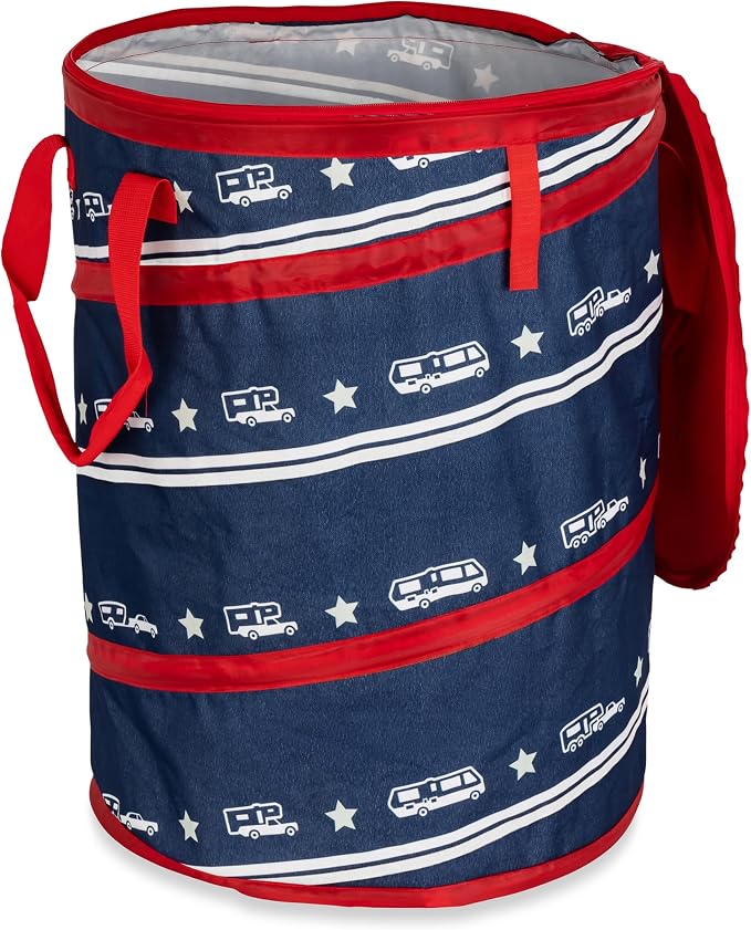 Camco Campsite Pop Up Utility Container with Liner and Zipper Close Lid for RV Storage, Laundry Hampers, and Organization, Patriotic
