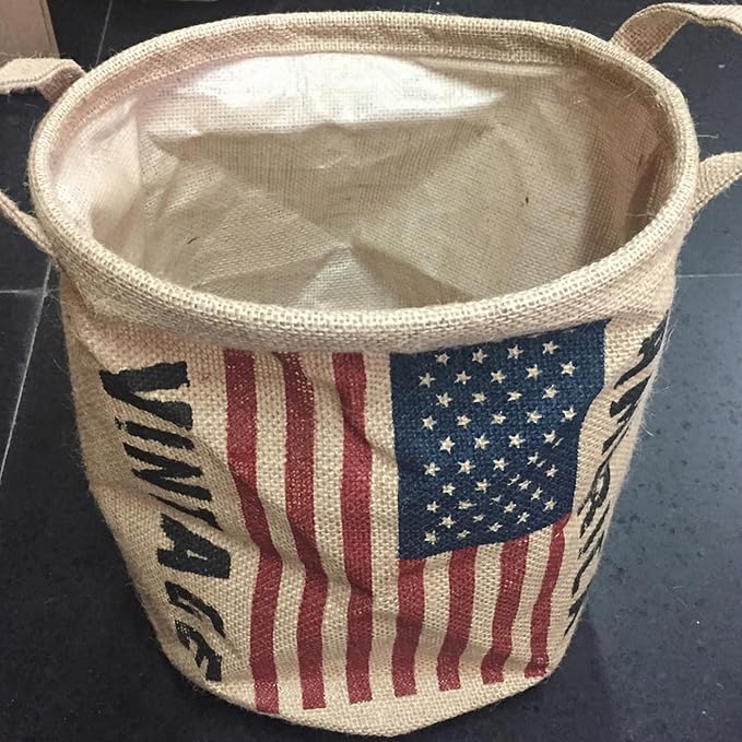 Burlap Waste Basket Vintage, Round Jute Organizer with Handles | Small Recycling Bin for Paper, Bottles & Cans, Rustic Home Office Decor, Patriotic American Flag Design, 10" Dia. X 12" H