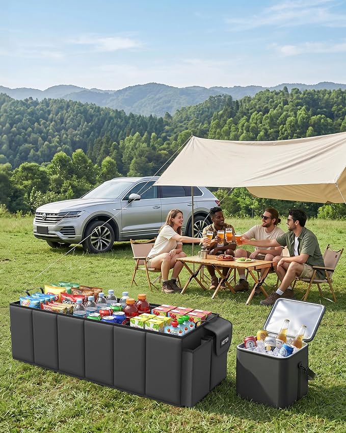 HOTOR Trunk Organizer, Sturdy Foldable with Cooler for Car, Sudan & SUV | Car Organizers and Storage, Detachable Cooler Bag, for Tools, Camping, 6 Compartments, Black, 34.8” x 15.9” x 11.6”