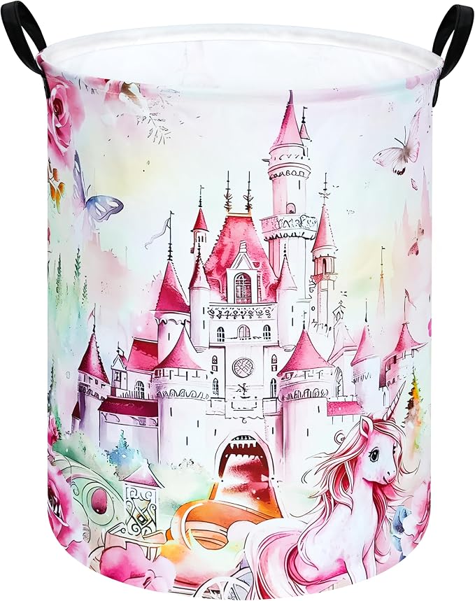 Round Castle Pattern Laundry Hamper Clothes Storage Basket Fabric Storage Hamper Organization Storage Bin, Nursery Box,Gift Basket with Handles