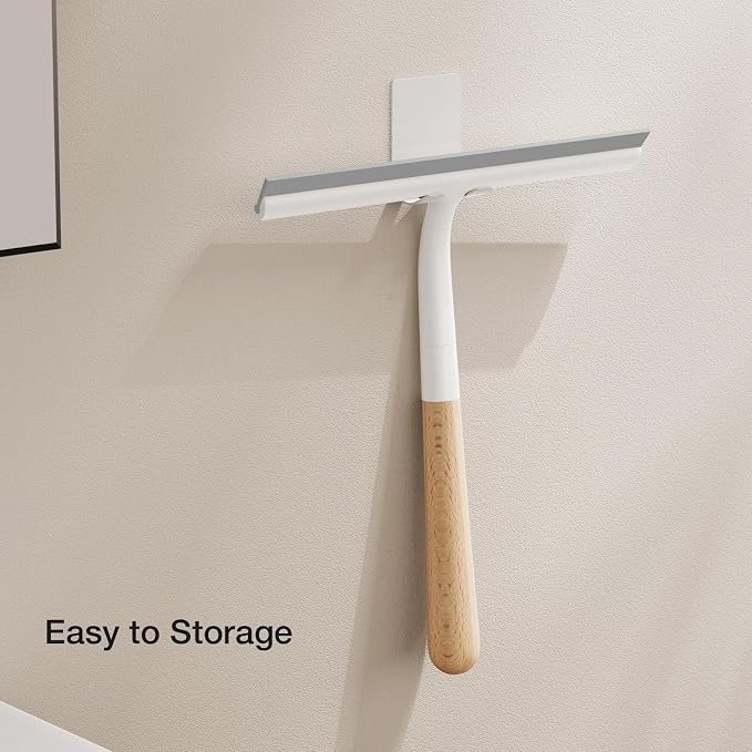 Shower Squeegee for Glass Doors, Streak-Free Silicone Window Cleaner with Detachable Wood Handle & Hook, Rust-Proof Bathroom Squeegee for Mirror, Tile Wall, Car Windshield, 10 Inch White