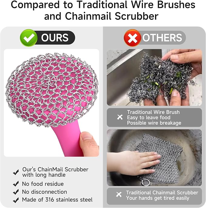 SUBEKYU Cast Iron Scrubber with Silicone Handle, Stainless Steel Skillet Cleaner for Cast Iron Pans (Pink Scrubber + Scraper)