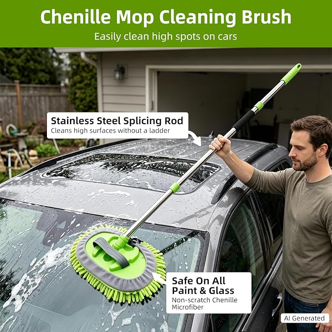 62" Car Wash Brush with Long Handle, Car Wash Kit Include Microfiber Cleaning Mop, Wheel Brush, Windshield Window Squeegee, Towel, Detail Brush, Storage Bag, for Cleaning Cars, RV, Truck, Boat