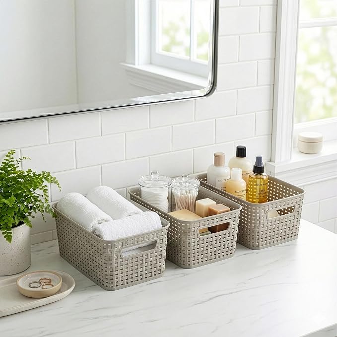 BINO | Plastic Storage Baskets, 5.5 Liter - 3 Pack, Natural Grey | THE WOVEN COLLECTION | Storage Basket for Shelves | Woven Storage Baskets for Organizing Bins Pantry Shelf Organizer | Container Bin