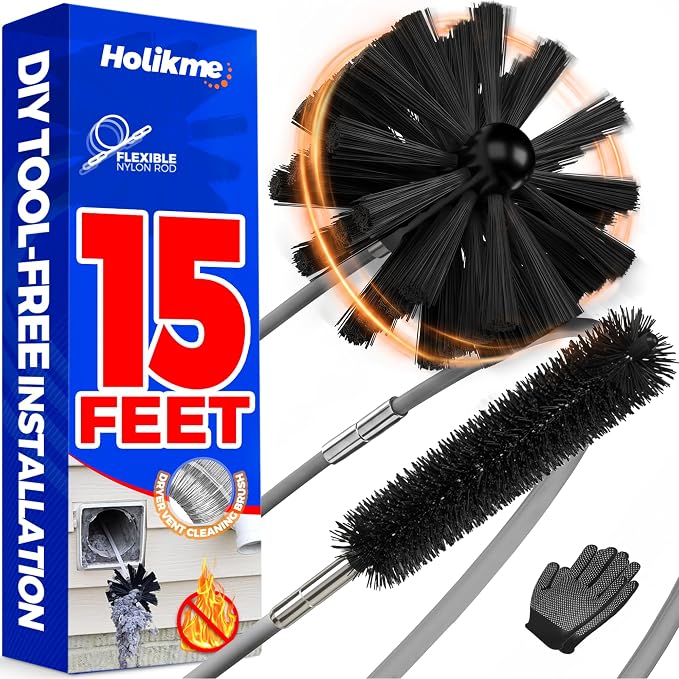 Holikme Dryer Vent Cleaner Kit - 15Ft Flexible Lint Brush for Deep Cleaning | Dryer Vent Cleaner Brush with Drill Attachment, Removes Years of Lint Buildup, Faster Drying & Fire Safety, Gray