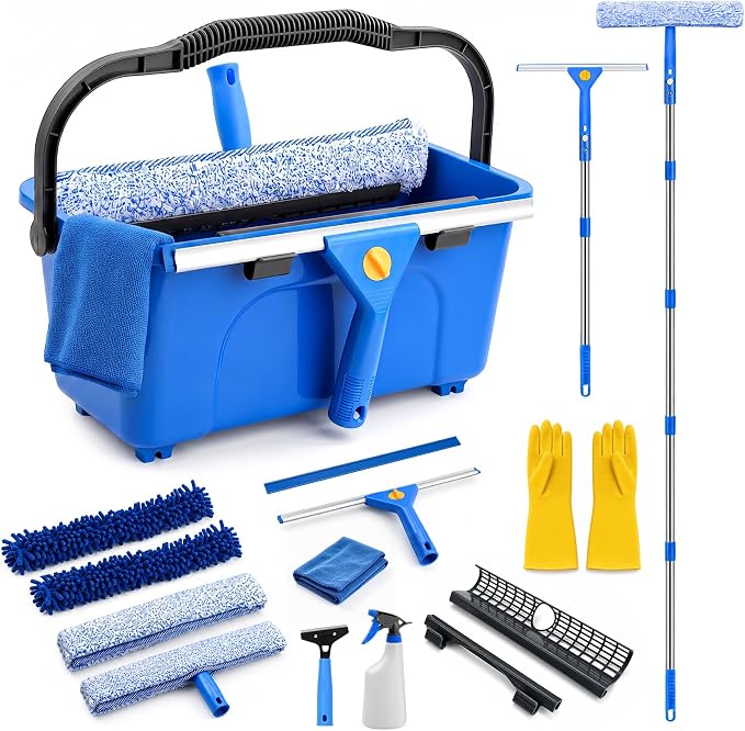 19-Piece Window Cleaning Kit with 3 Gal Cleaning Bucket, Professional 14" Window Squeegee & 15" Window Scrubber with 78" Extension Pole, Window Washing Tools for Home, Car, RV and Outdoor Glass