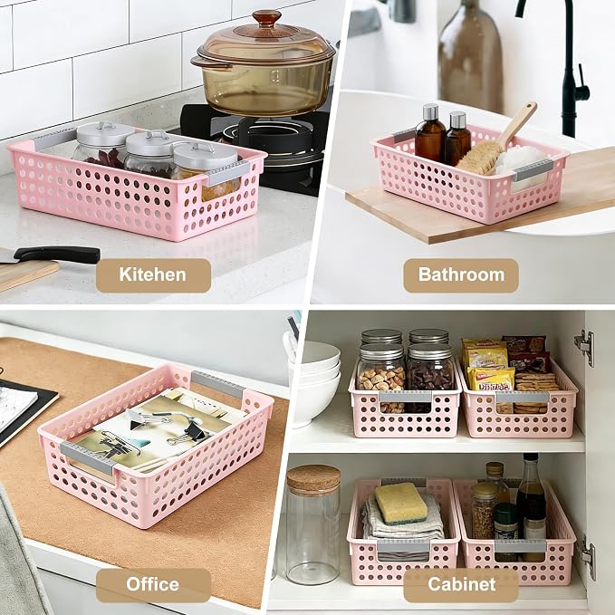 Soddeph 4 Pack Small Plastic Storage Baskets for Organizing, Stackable Bins with Handles for Shelves, Multipurpose Drawer Trays(Pink)