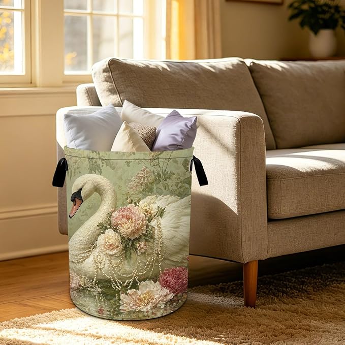 Swan Laundry Basket Foldable Oxford Laundry Hamper With Handle For Room Bathroom Bedroom