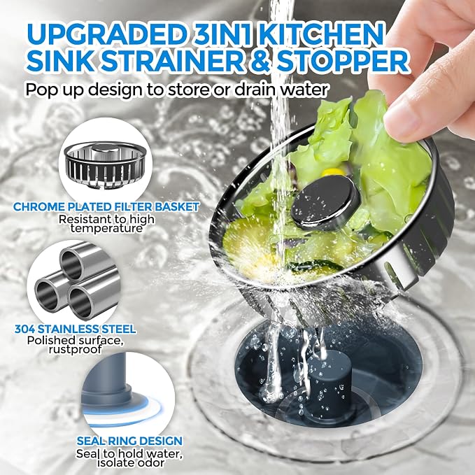 zaa Kitchen Sink Drain Strainer - Kitchen Sink Stopper, 304 Stainless Steel Sink Drain Stopper, Sink Protector for Kitchen with Anti-Clog Filter, Fit US Standard 3-1/2'' Sink Drain Hole, Gray | Kitchen Sink Accessories 1 Pack Brushed Grey Stainless - F...